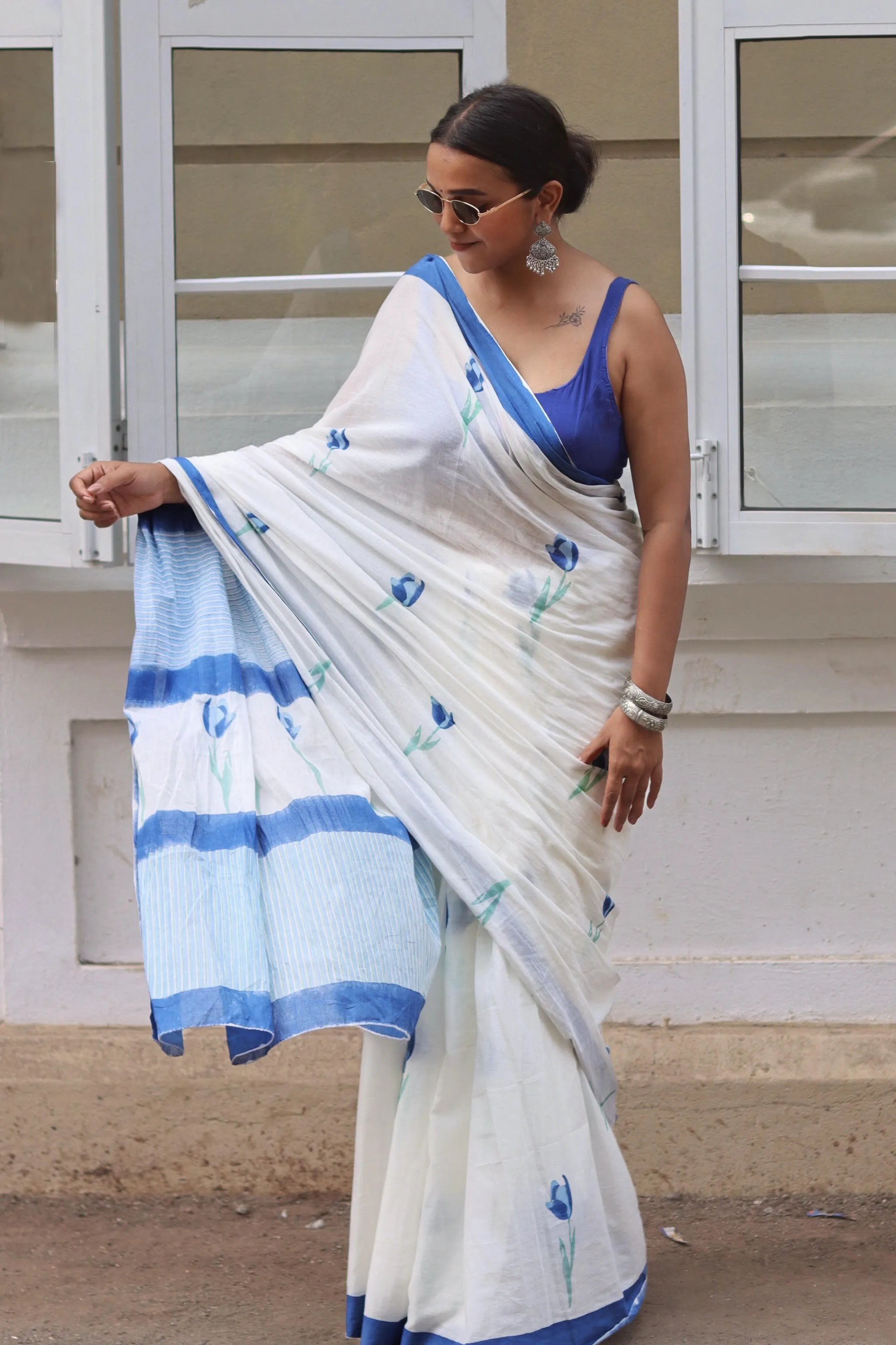 Sahr -blue floral hand block printed saree