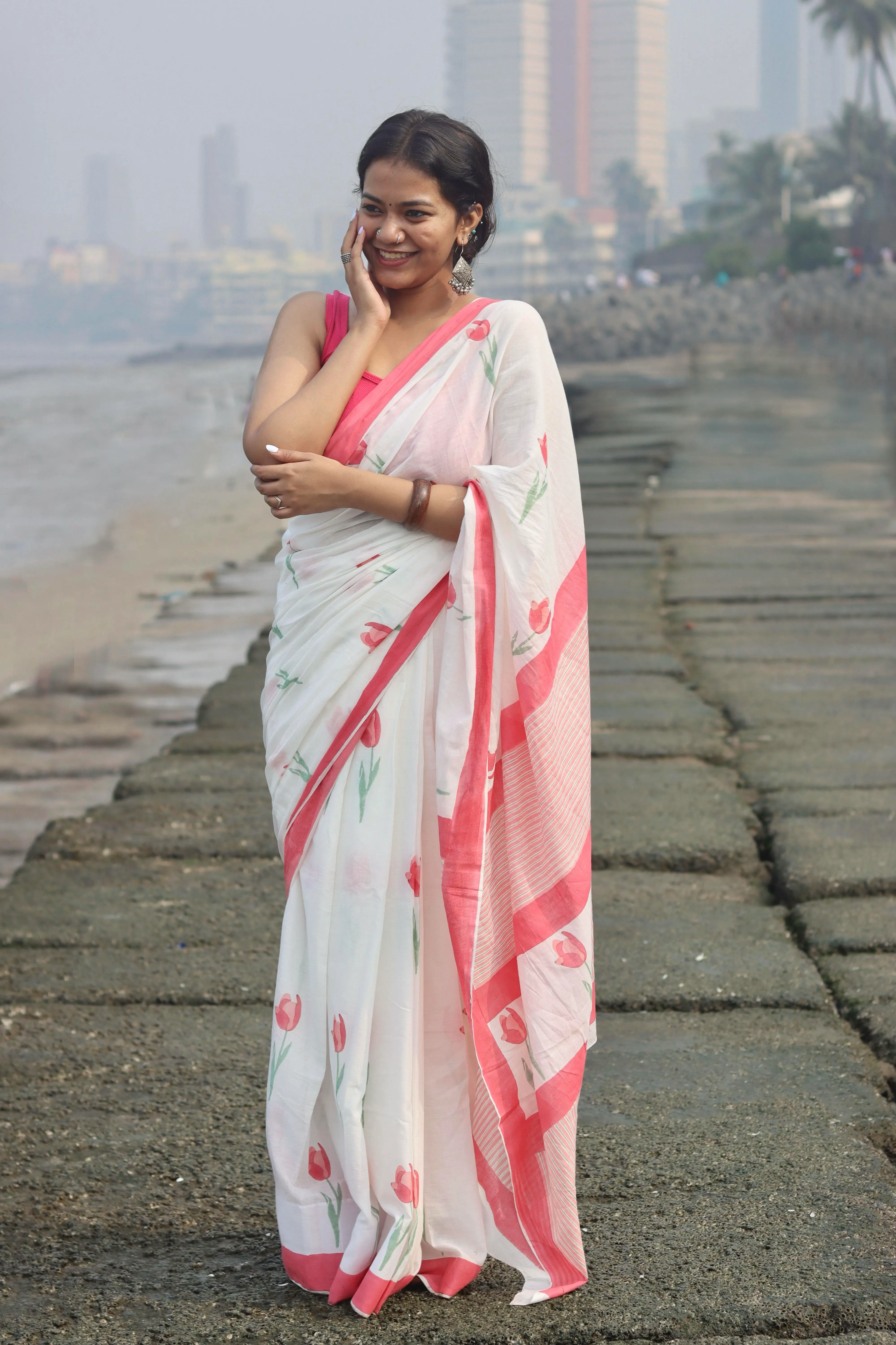 Sahr -red  floral hand block printed saree